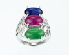 Blue sapphire, ruby, jadeite (type-A) and diamond ring