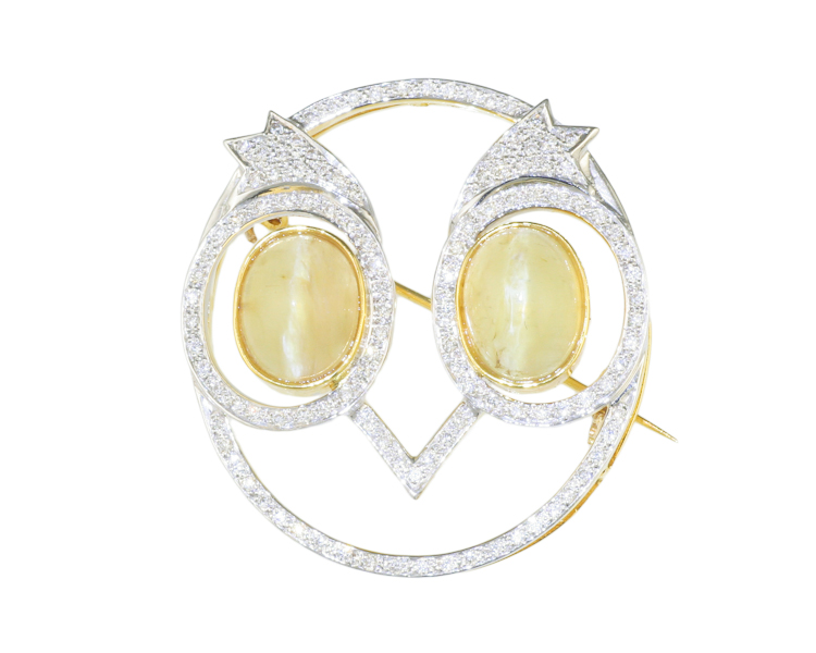 Chrysoberyl cat's eye and diamond brouch - Click Image to Close