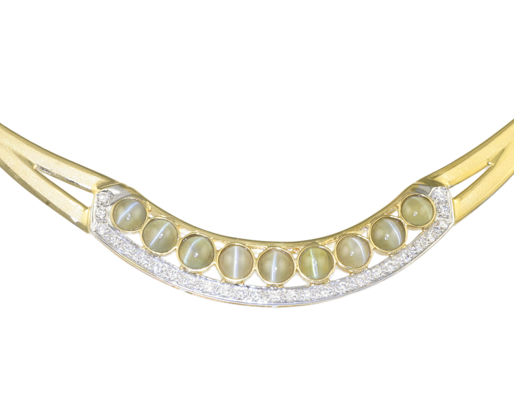 Chrysoberyl cat's eye and diamond necklace - Click Image to Close