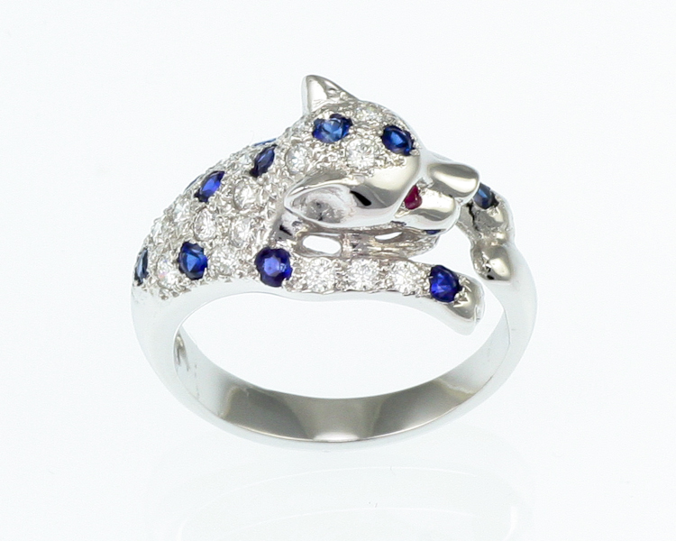 Blue sapphire, ruby and diamond ring - Click Image to Close