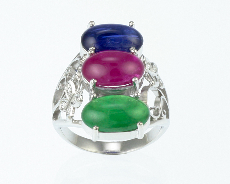 Blue sapphire, ruby, jadeite (type-A) and diamond ring - Click Image to Close