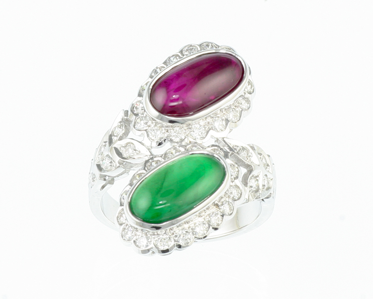 Jadeite (type-A), ruby and diamond ring - Click Image to Close