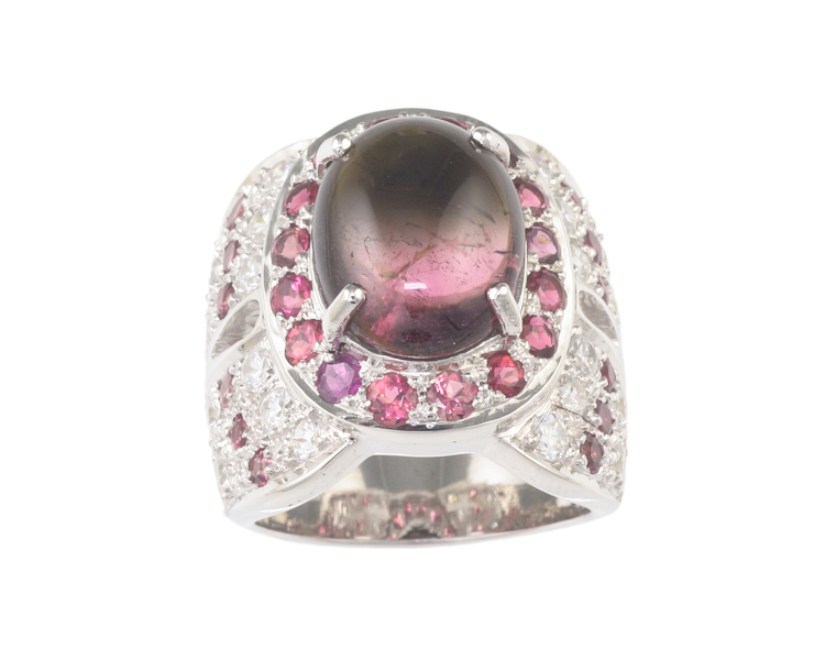 Watermelon tourmaline, tourmaline and cubic zirconia ring - Click Image to Close