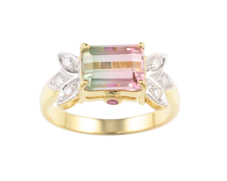 Bi-color tourmaline, sapphire and diamond ring - Click Image to Close