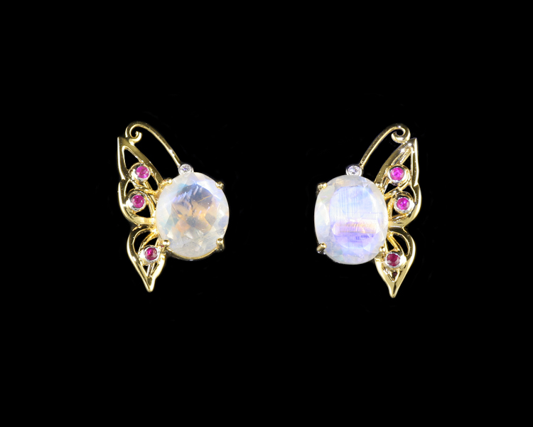 Moon stone, ruby and diamond earrings - Click Image to Close