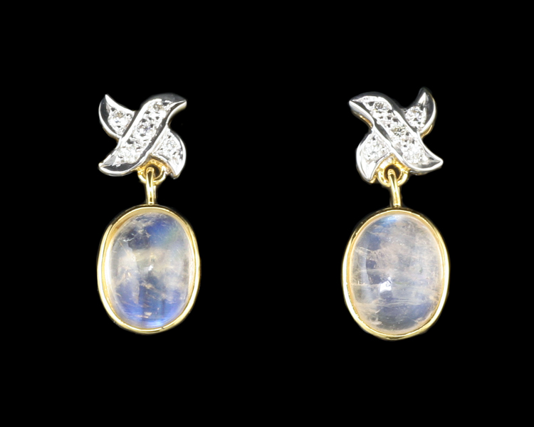 Rainbow moon stone and diamond earrings - Click Image to Close