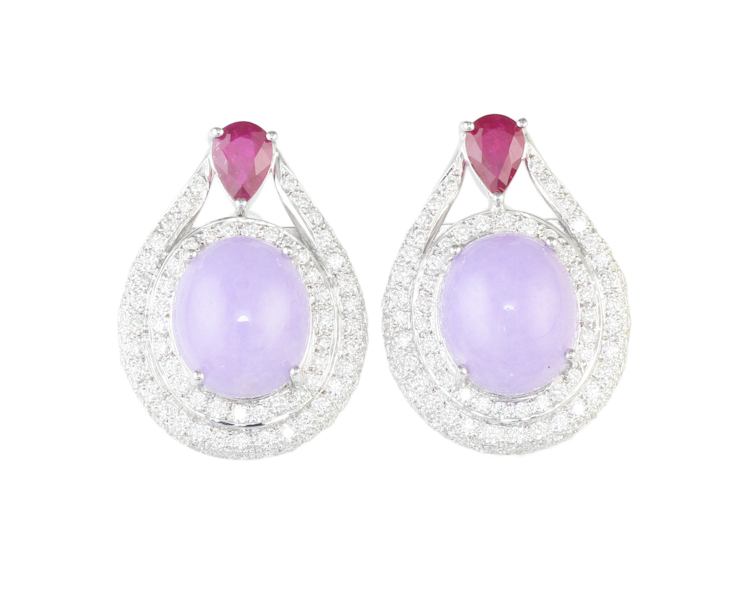 Jadeite (type-A), ruby and diamond earrings - Click Image to Close