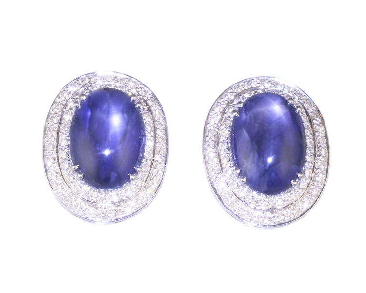 Blue star sapphire and diamond earrings - Click Image to Close