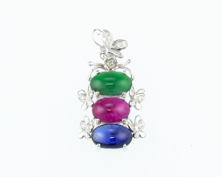 Blue sapphire, ruby, jadeite (type-A) and diamond pendant - Click Image to Close