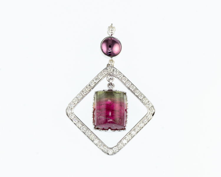 Watermelon tourmaline and diamond pendant - Click Image to Close