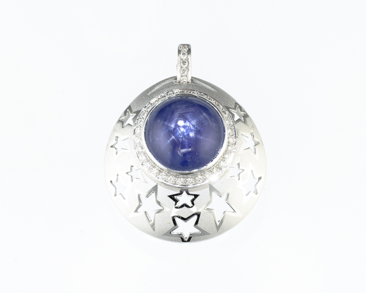 Blue star sapphire and diamond pendant - Click Image to Close