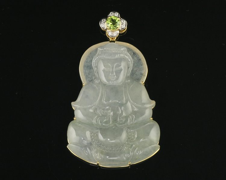 Jadeite (type-A) carving, peridot and diamond pendant - Click Image to Close