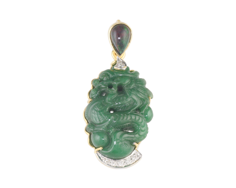 Jadeite (type-A) carving, opal and diamond pendant - Click Image to Close