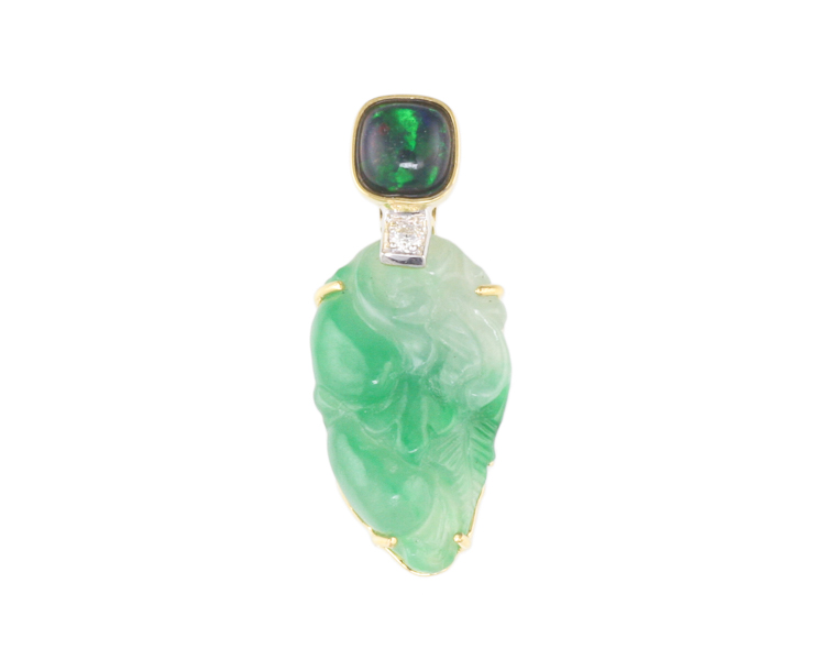 Jadeite (type-A) carving, opal and diamond pendant - Click Image to Close
