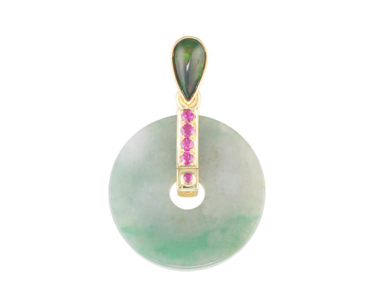 Jadeite (type-A) carving, opal and ruby pendant - Click Image to Close
