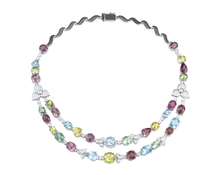 Color-change malaya garnet, aquamarine and diamond necklace - Click Image to Close